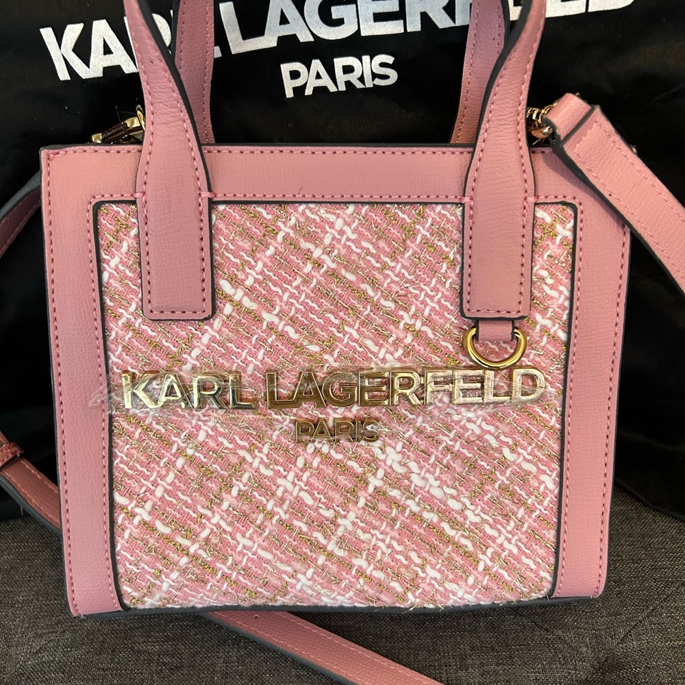Karl Lagerfeld Pink Tweed Crossbody Bag with Gold Logo